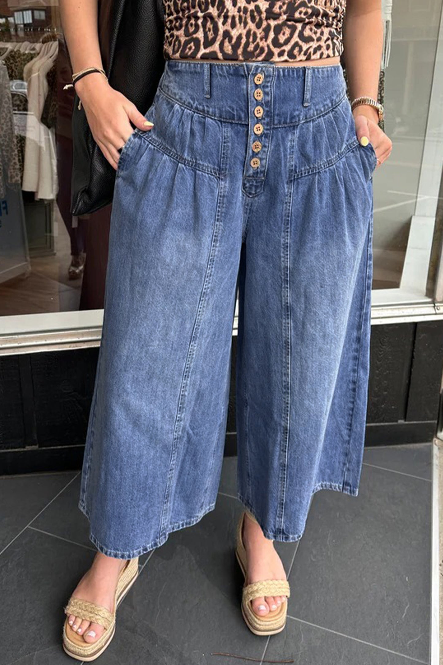 High-Rise Pleated Wide-Leg Cropped Denim Jeans | Dusk Blue