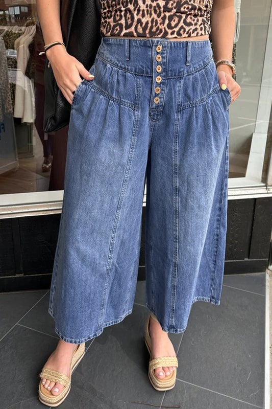 High-Rise Pleated Wide-Leg Cropped Denim Jeans | Dusk Blue