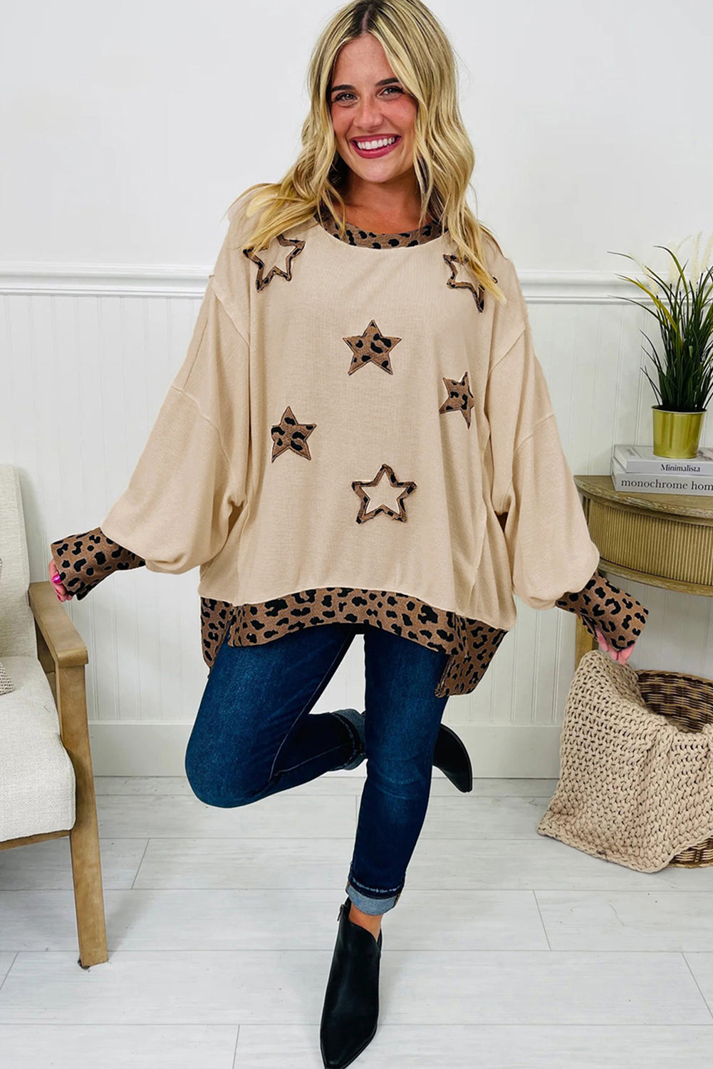 Leopard & Star Patchwork Raw-Seam Baggy Sweatshirt | Beige