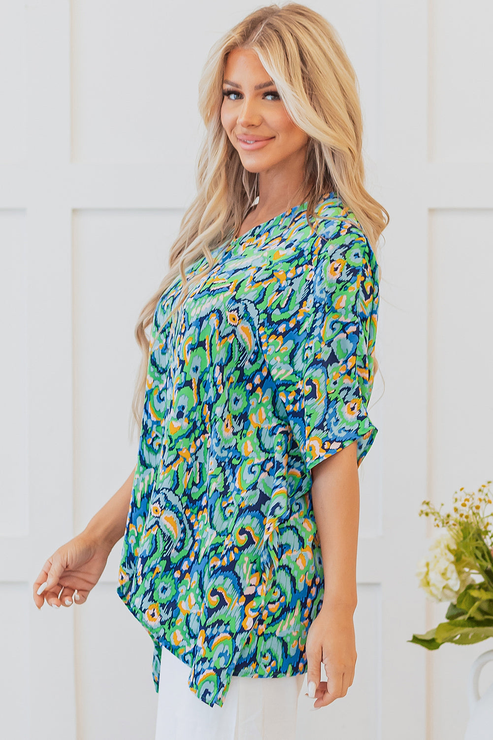 Green Abstract Print V-Neck Half Sleeve Loose Fit Tunic Blouse – Women's Relaxed Top (S–XL)