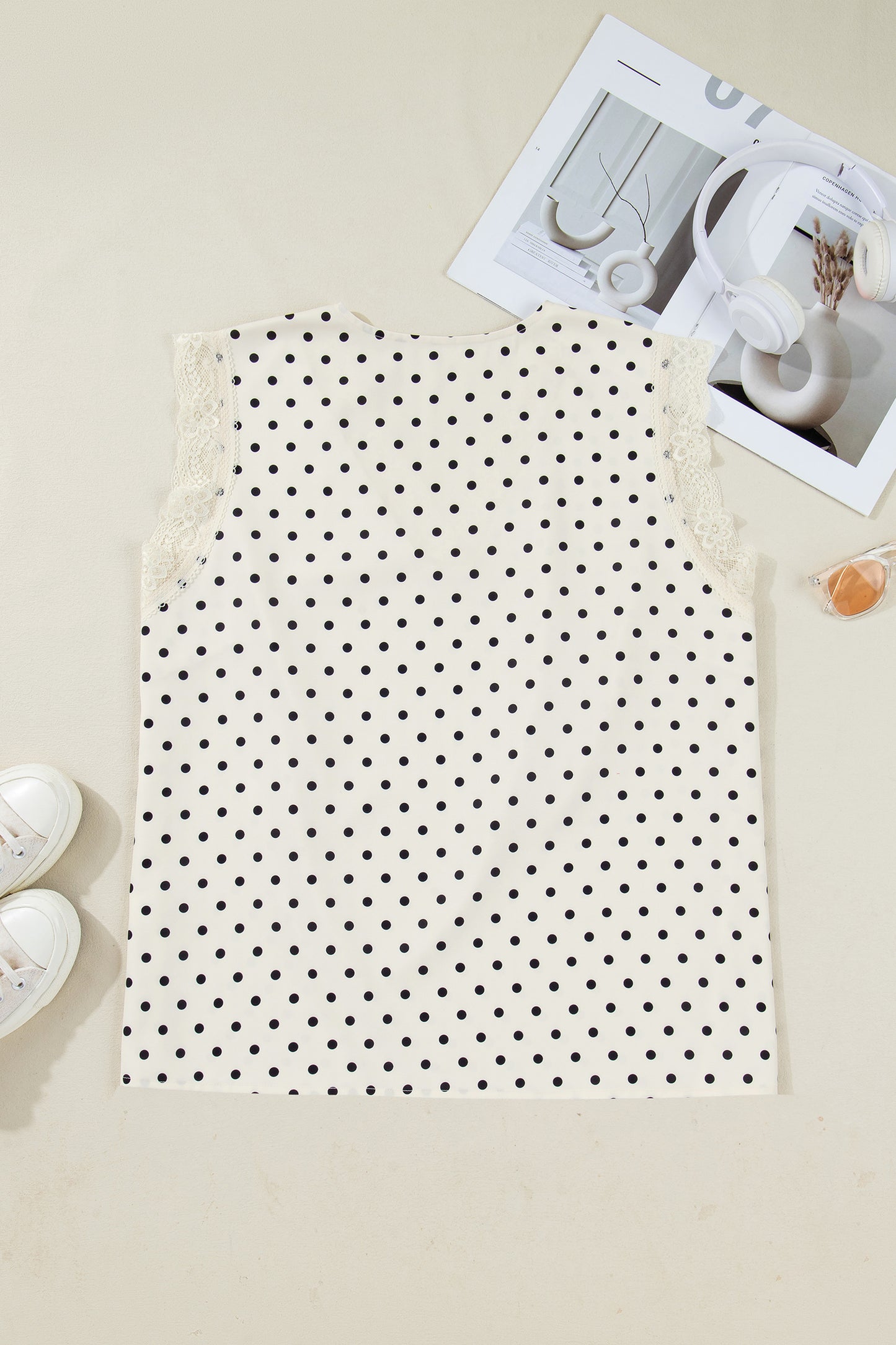 Polka Dot Lace Trim V-Neck Sleeveless Top | Plus Size | Cream | 1X–4X