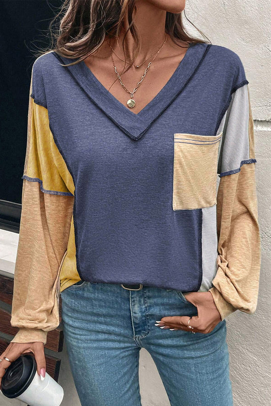 Exposed Stitching Colorblock V-Neck Top in Blue & Tan
