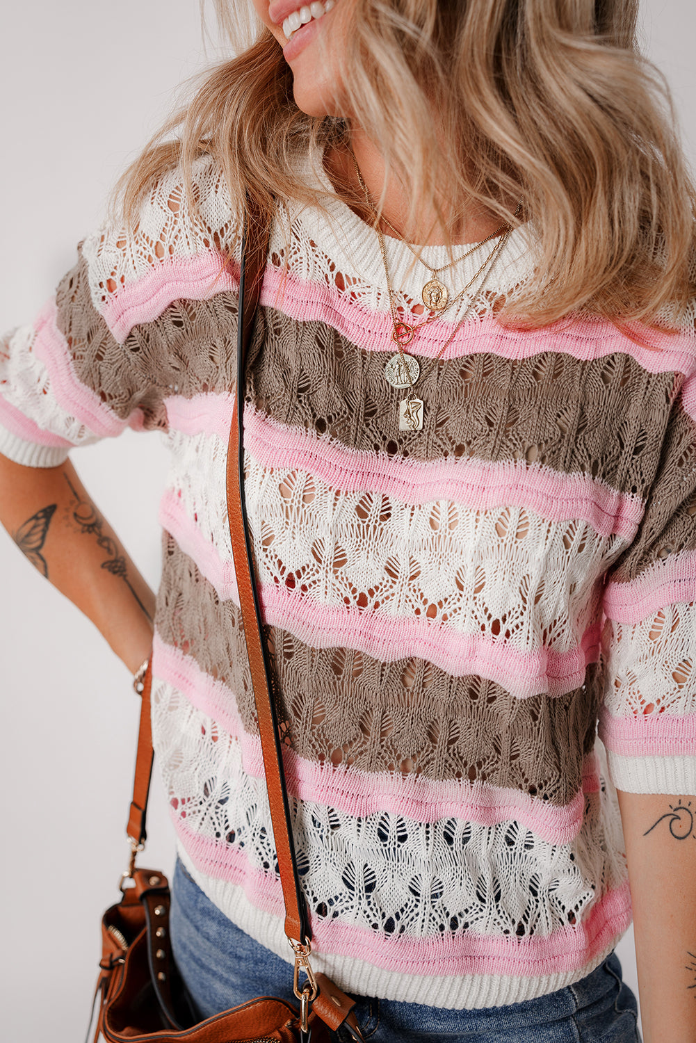 Striped Color Block Crochet Hollow-Out Half-Sleeve Sweater | Brown Stripe