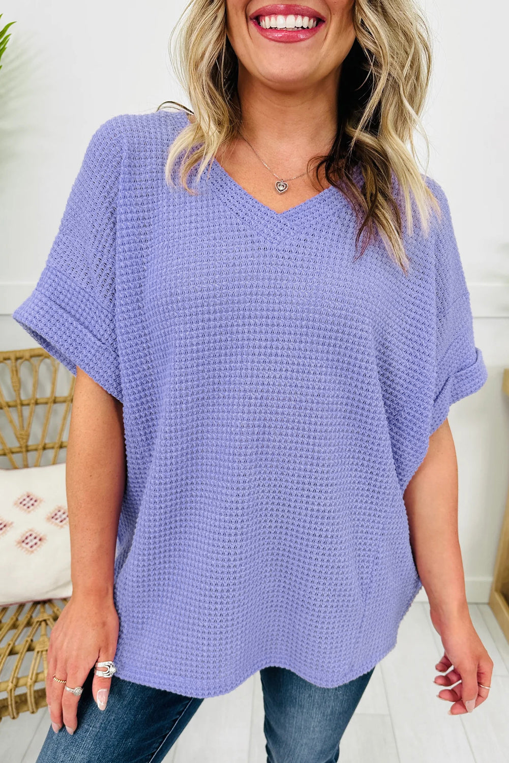 Waffle Knit V-Neck Short Sleeve Cuffed Top