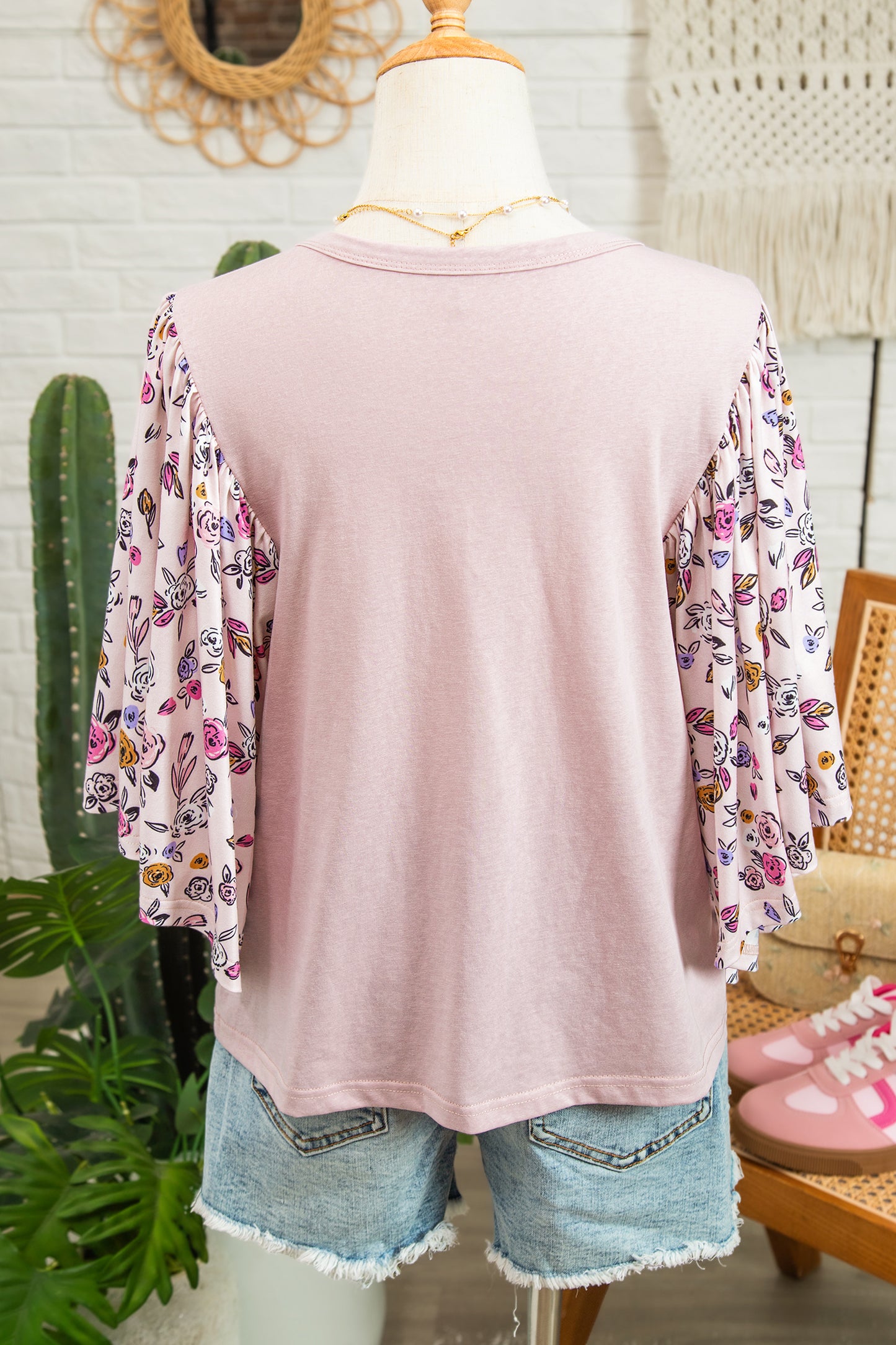Pink Floral Patchwork Flowy Half Sleeve Blouse | Women S–XL