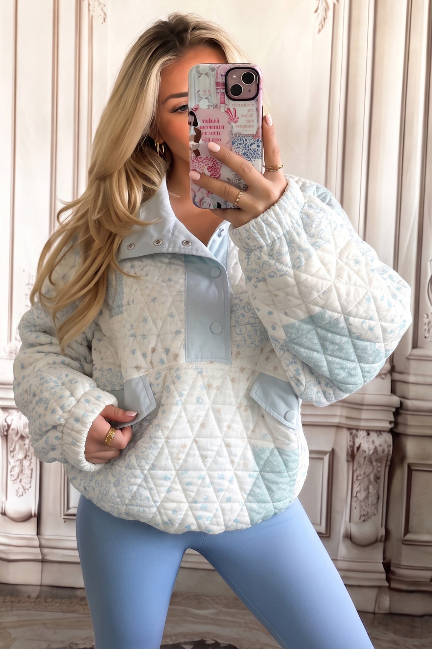 Women's Floral Quilted Button Pullover Sweatshirt S to XL