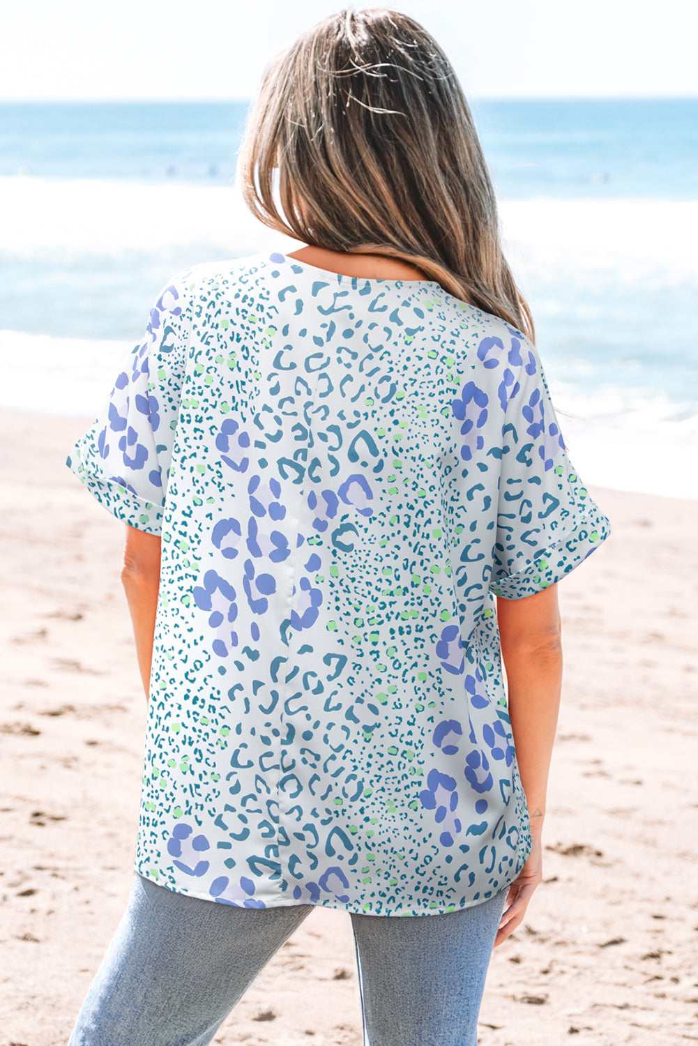 Green Mixed Leopard Print V-Neck Short Sleeve Blouse – Women's Bold Summer Top (S–XL)