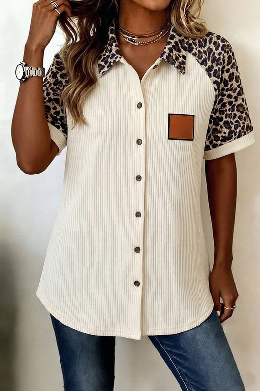 White Ribbed Leopard Patchwork Short Sleeve Shirt | Women S–XL
