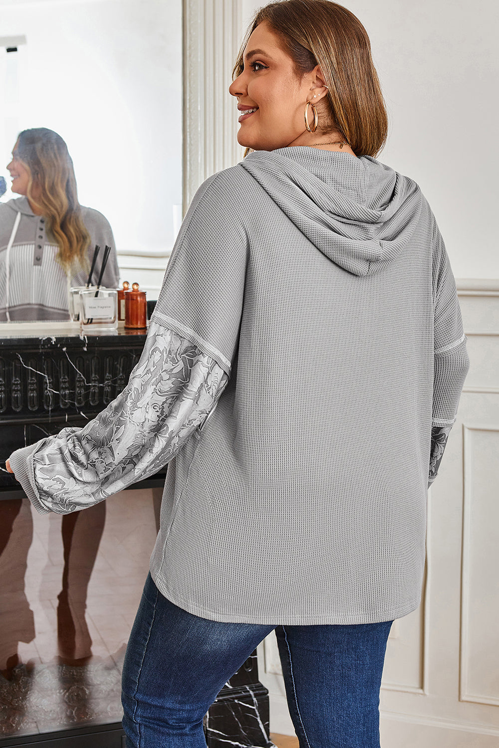 Waffle Knit Patchwork Half Button Hooded Top | Plus Size | Grey | 1X–4X