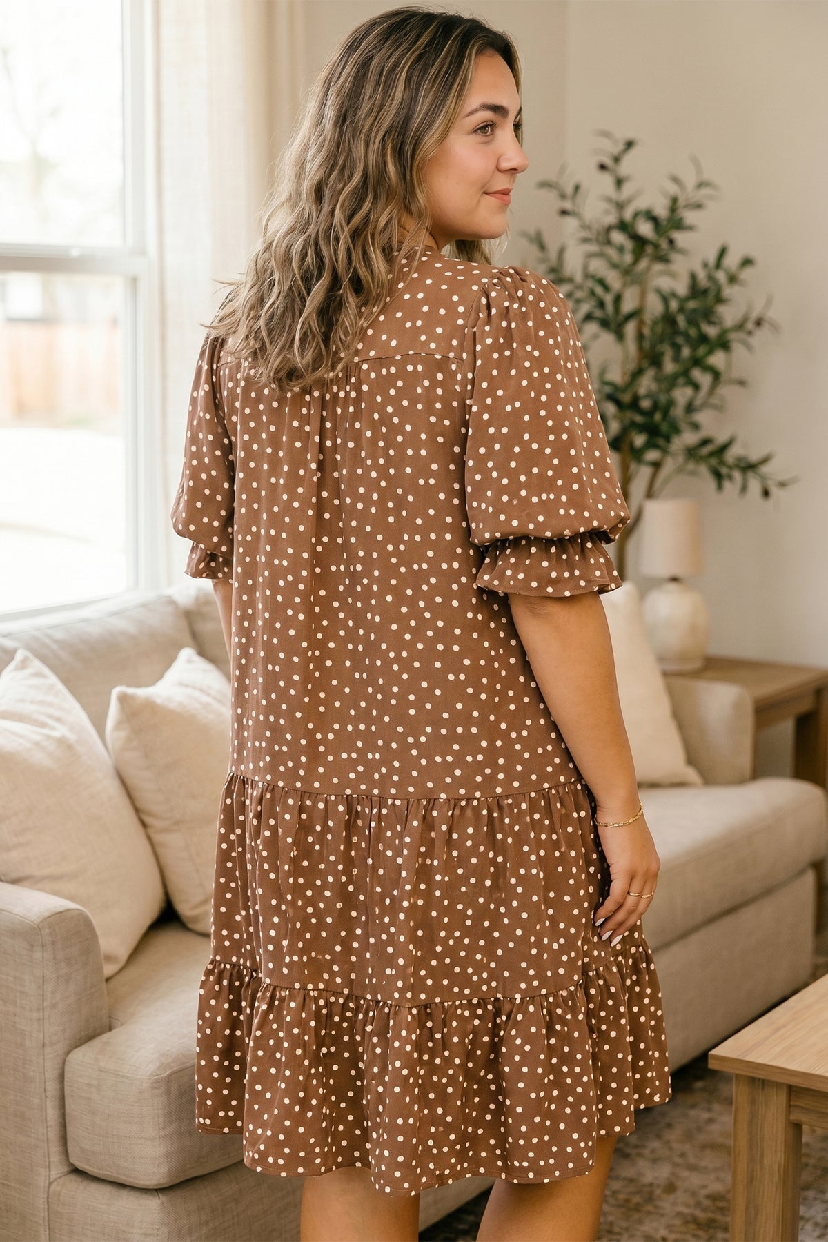 Plus Size Brown Polka Dot Long Sleeve V-Neck Shift Dress 1X to 4X