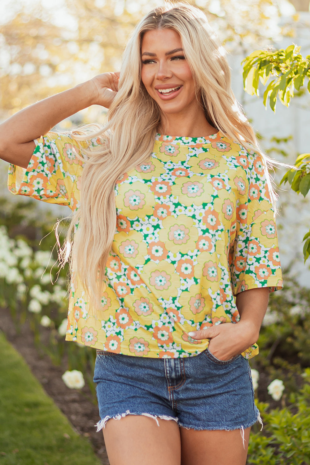 Yellow Flower Print Drop Shoulder Loose T-Shirt – Women's Casual Summer Top (S–XL)
