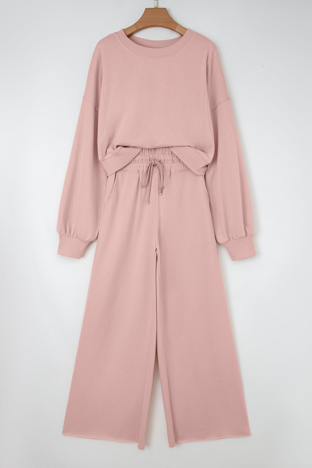 Drop Shoulder Puff Sleeve Crop Pullover & Wide Leg Pants Set