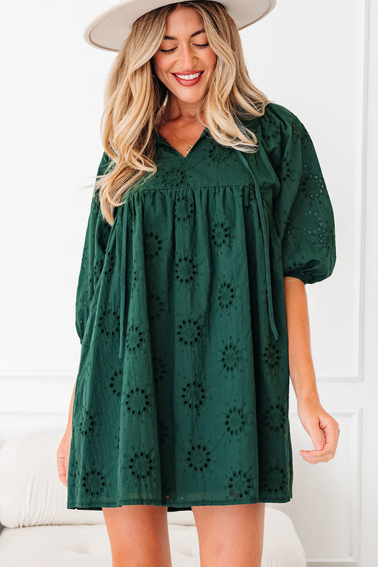 Green Embroidered Eyelet Pattern 3/4 Puffy Sleeve Swing Mini Dress