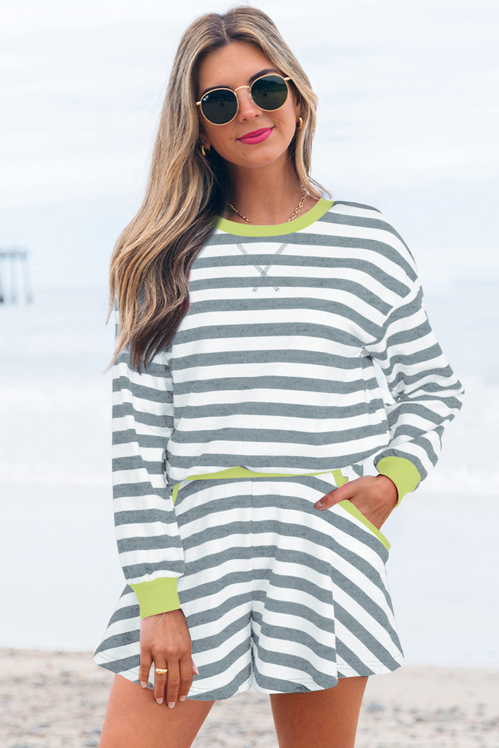 Black Stripe Gray Stripe Contrast Ribbed Banding Long Sleeve Blouse Loose Shorts Set