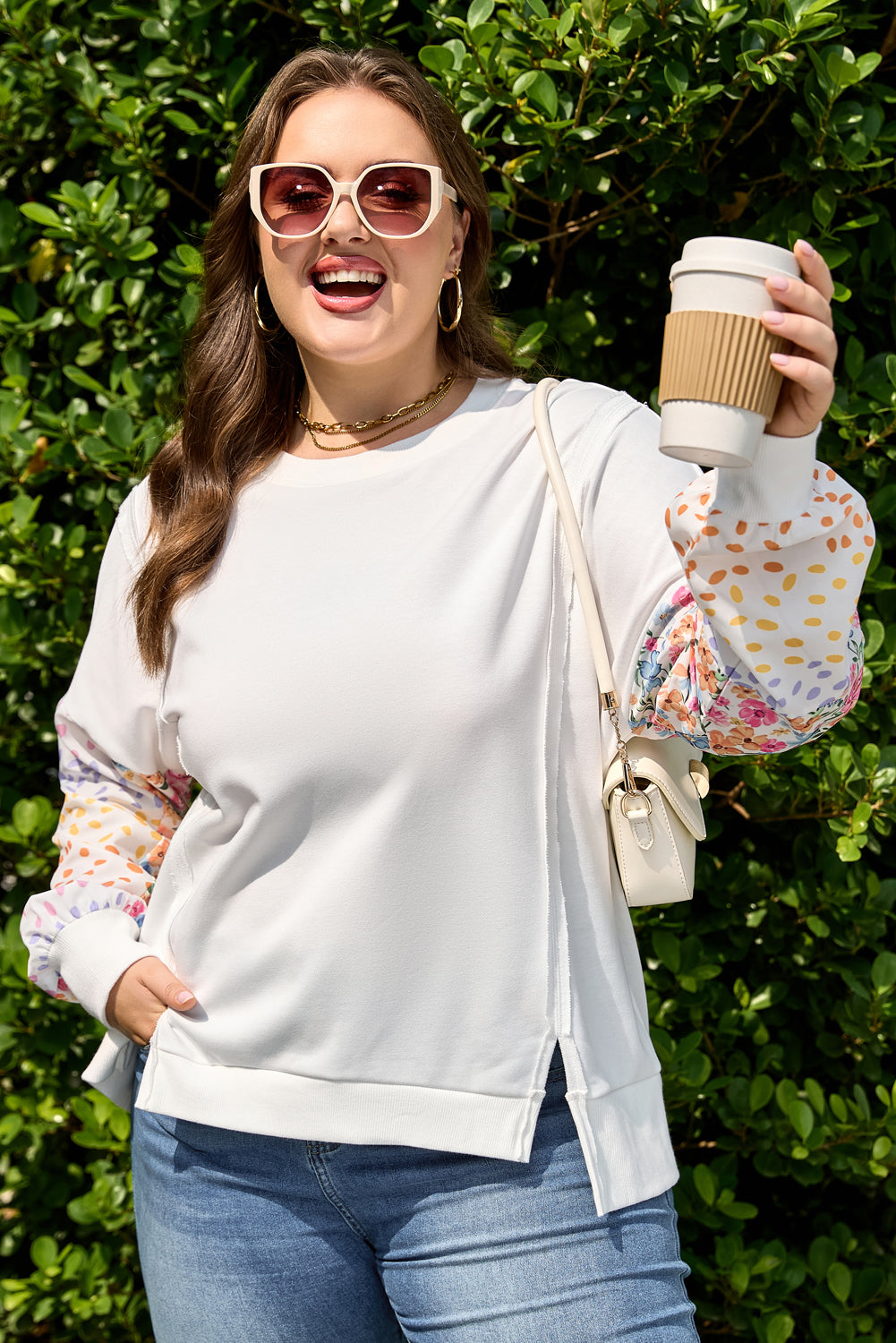 Floral Patchwork Sleeve Sweatshirt | Plus Size | White | 1X–4X