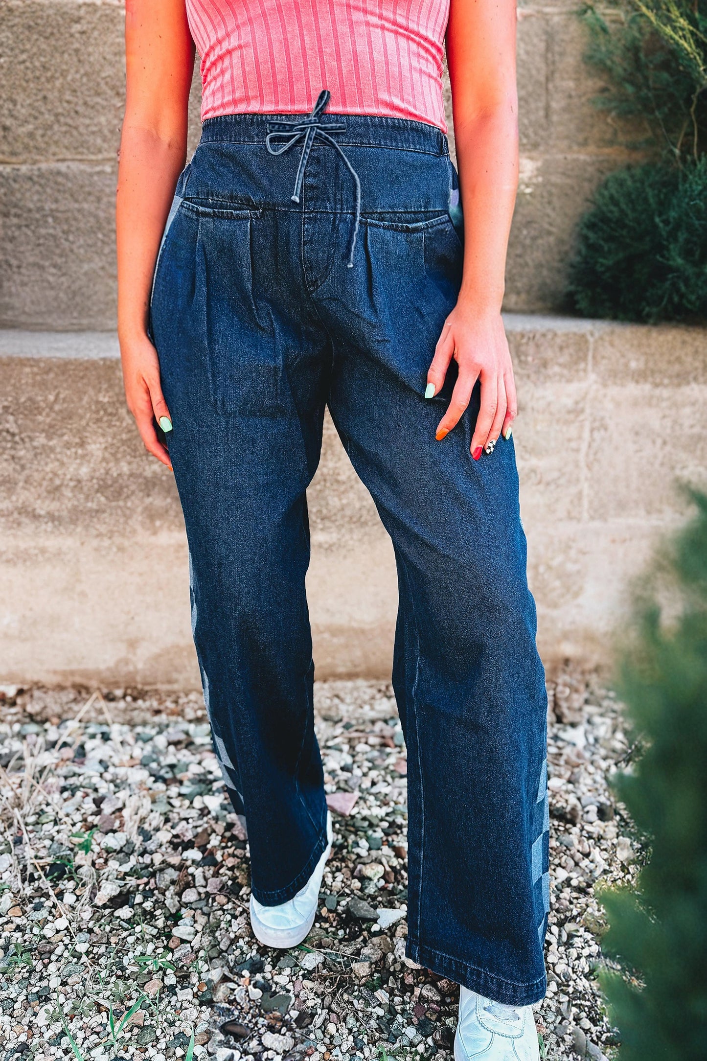 Checkered Side Panel Drawstring Loose Denim Pants – Women Sizes 4–16
