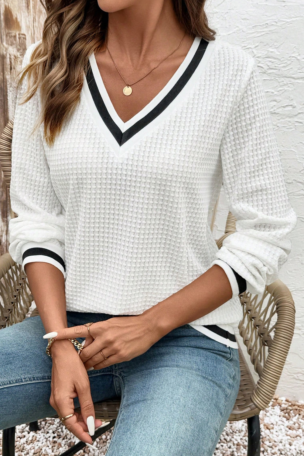 White Waffle Knit Preppy Striped Trim V-Neck Pullover Top