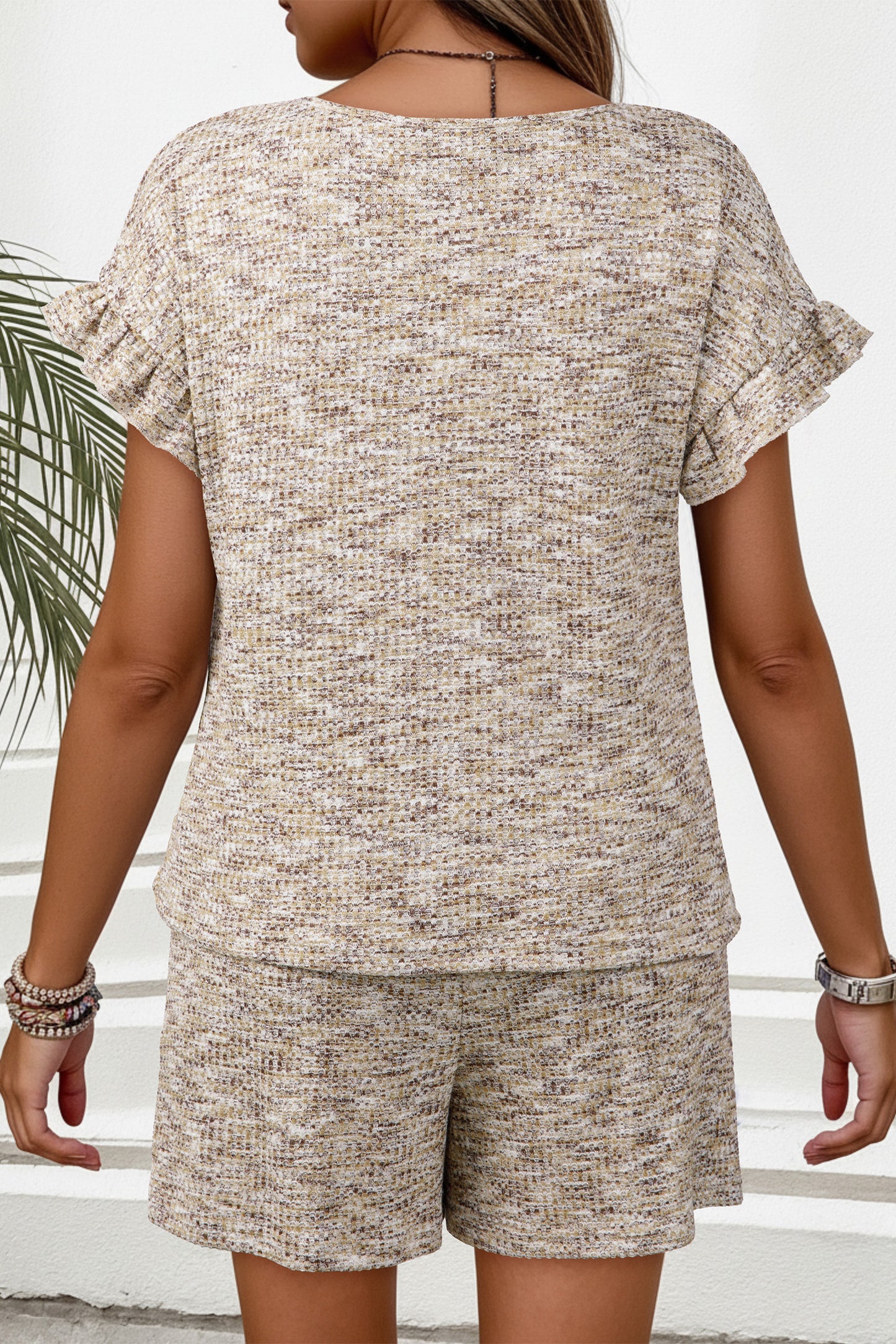 Khaki Heather Textured Ruffle Sleeve Top & Drawstring Shorts Set