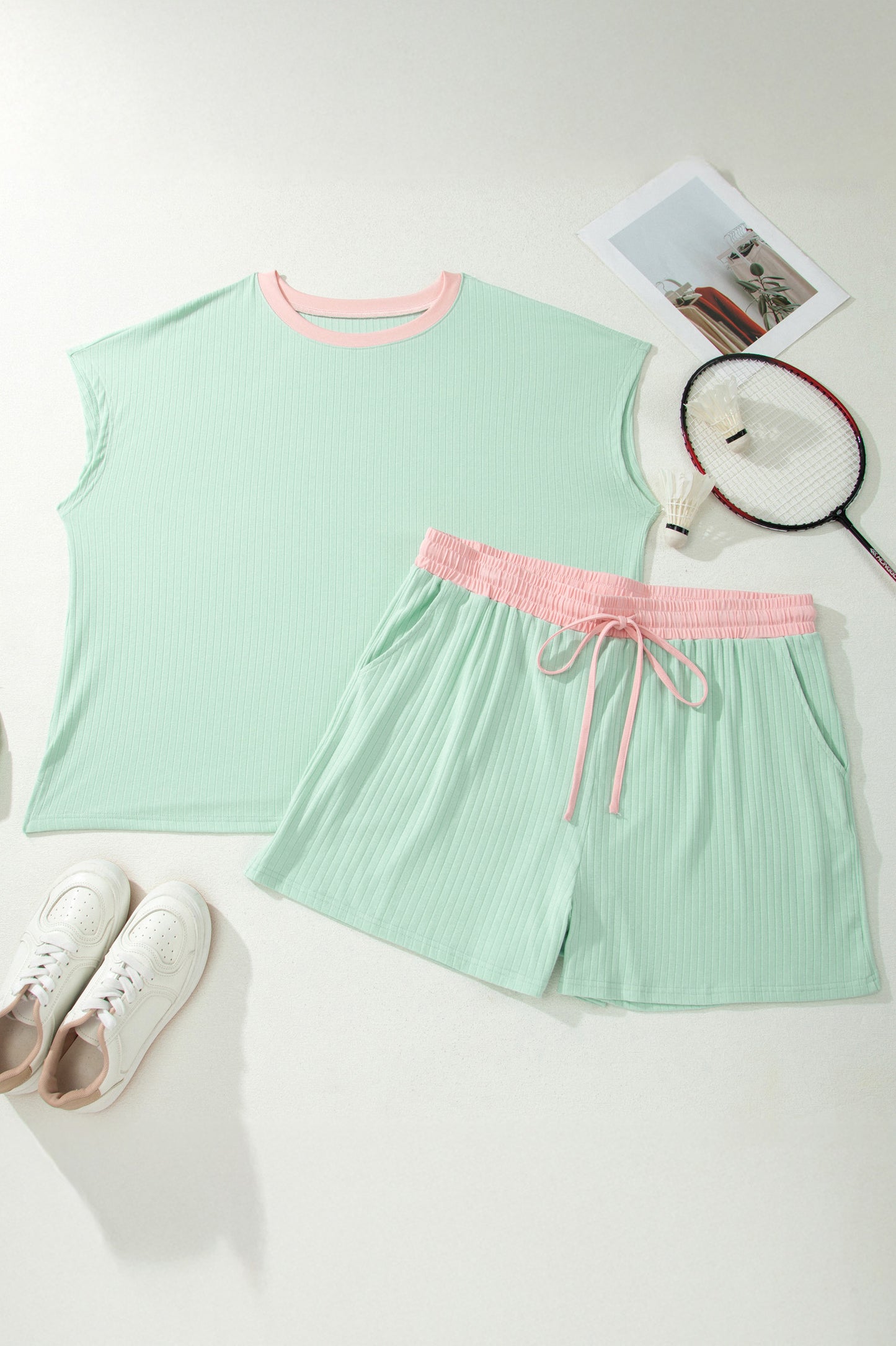 Plus Size Ribbed Short Sleeve Two Piece Short Set Women 1X–4X