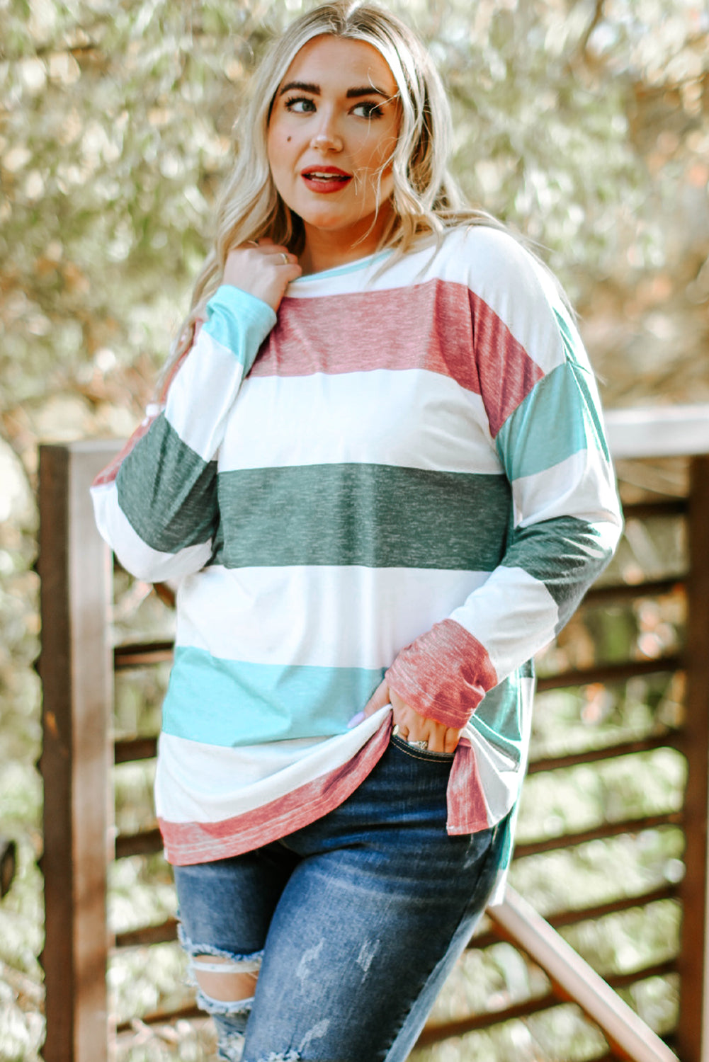 Plus Size Striped Long Sleeve Top Women Multicolor 1X–4X