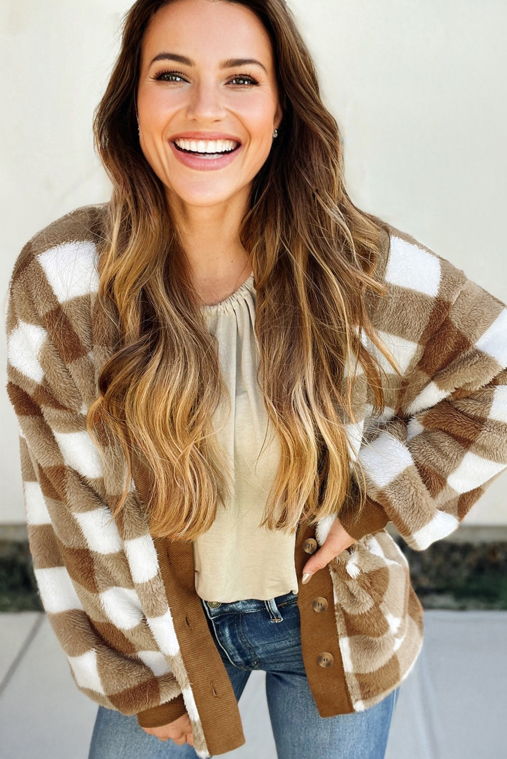 Checkered Sherpa Loose Knit Cardigan with Pockets