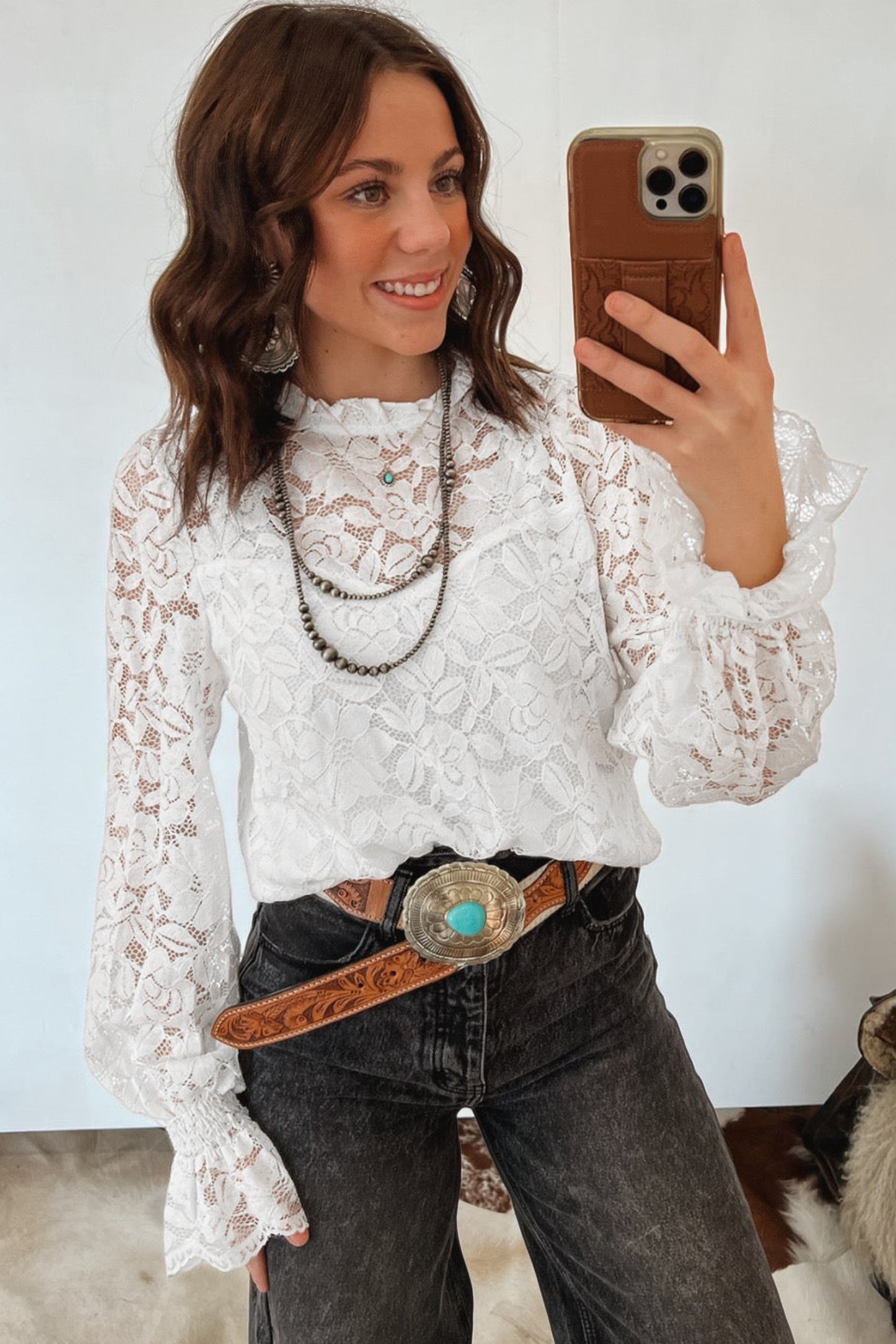 White Sheer Lace Ruffle Sleeve Blouse Women S–XL