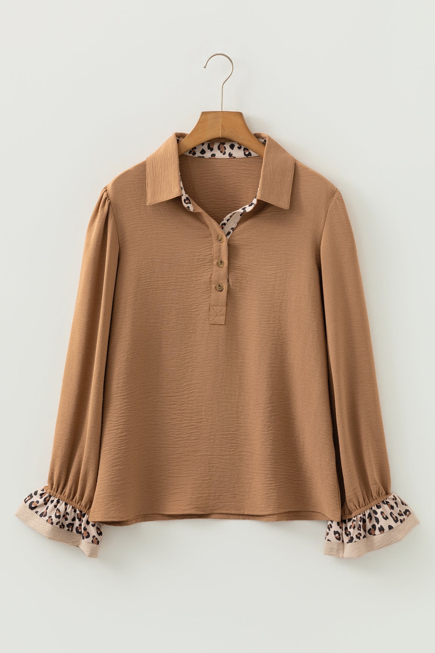 Leopard Print Patchwork Ruffle Sleeve Polo Blouse