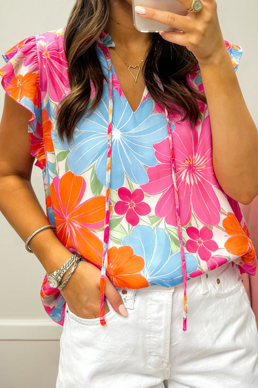 Floral Print Tie V-Neck Ruffle Trim Sleeveless Blouse