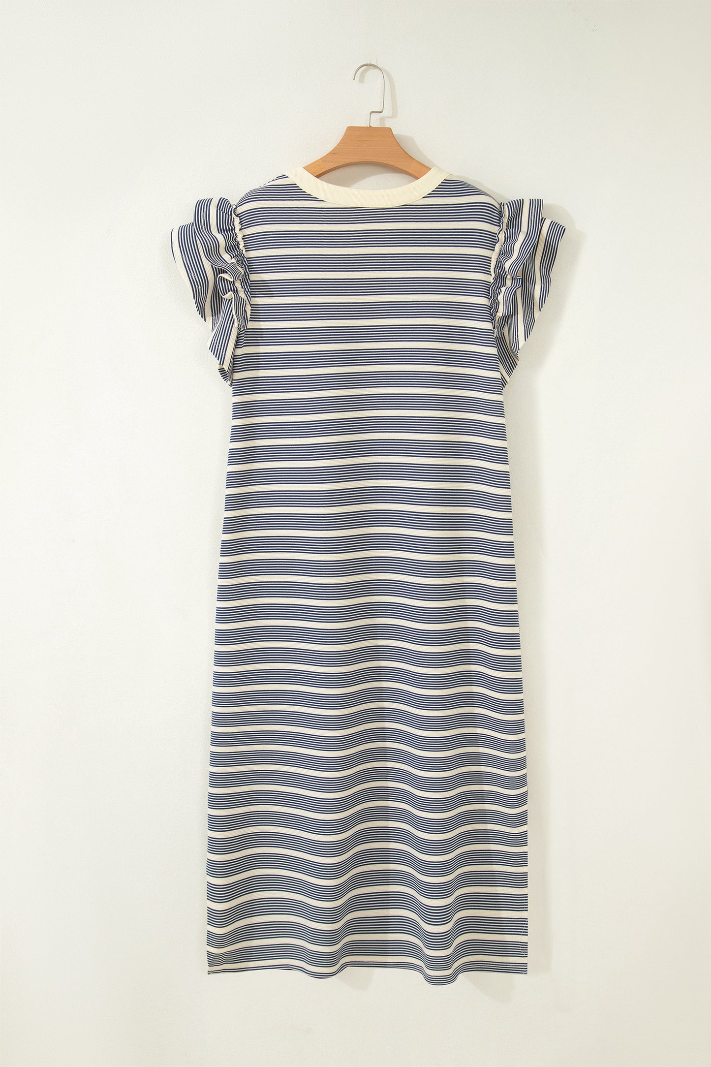 Blue Stripe Plus Size Contrast Trim Button V Neck Ruffle Sleeve Shift Dress
