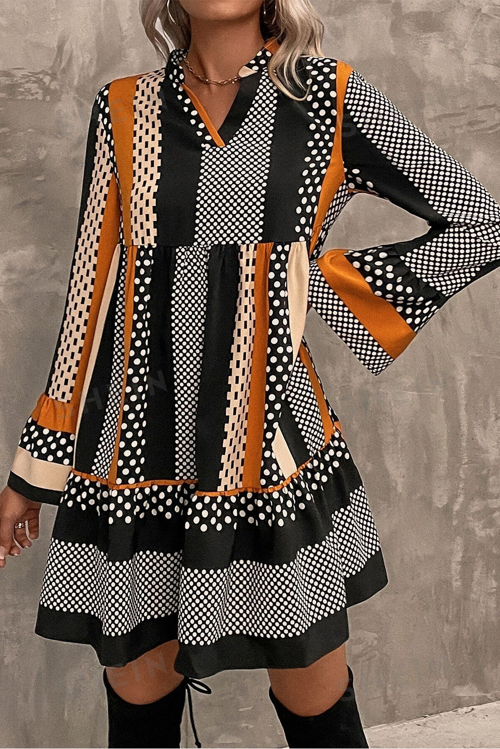 Black Striped Polka Dot Print Ruffled Hem V-Neck Mini Dress