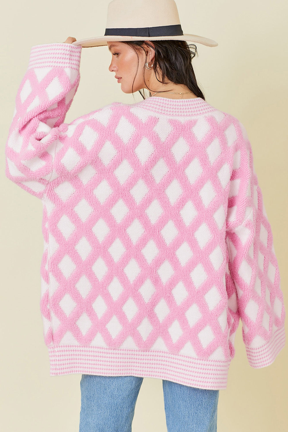 Pink Rhombus Pattern Knit Open Front Pocketed Cardigan
