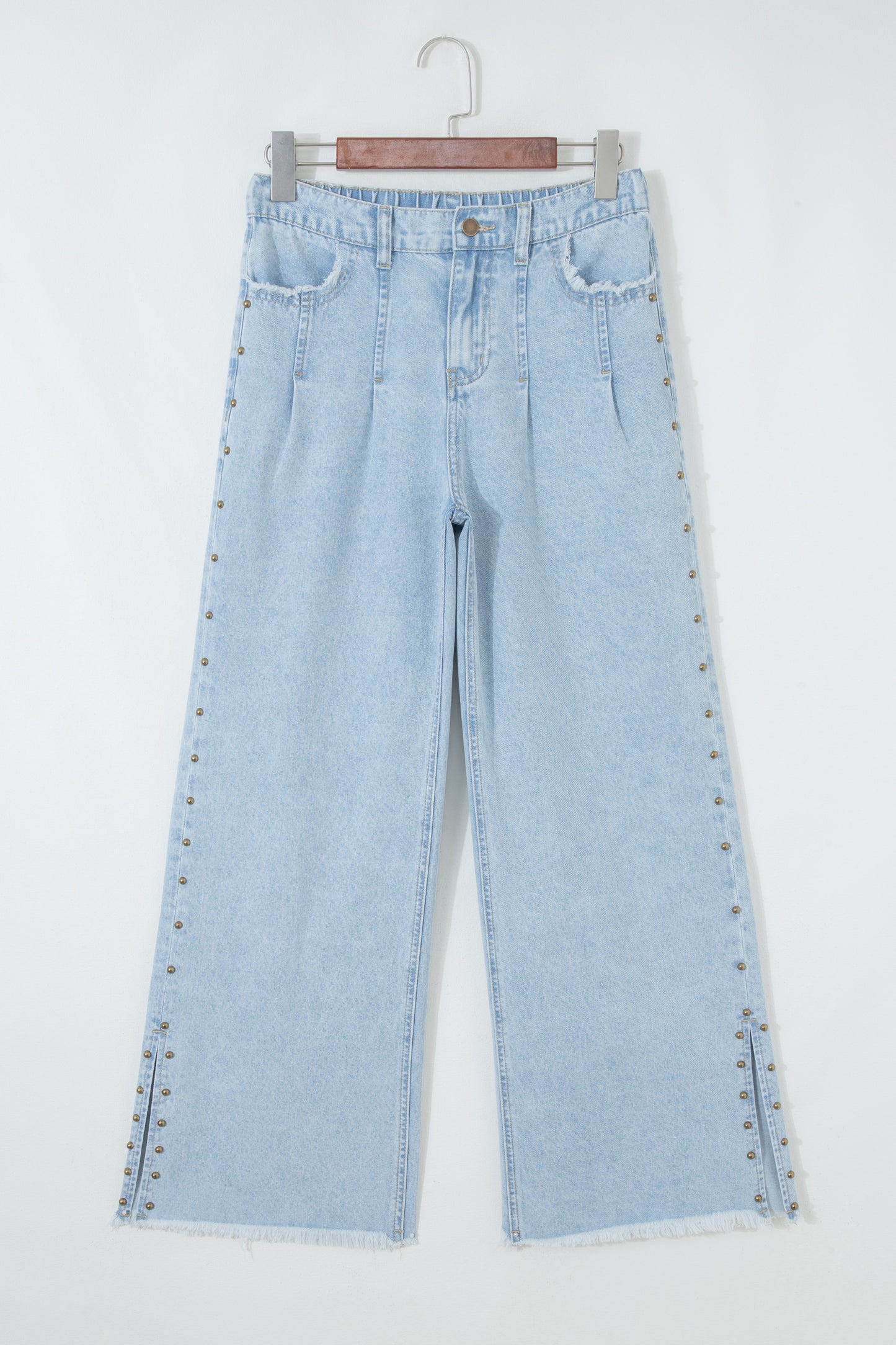 Light Blue Studded Side Slit Frayed Pocket Wide Leg Jeans | Sizes 4–16