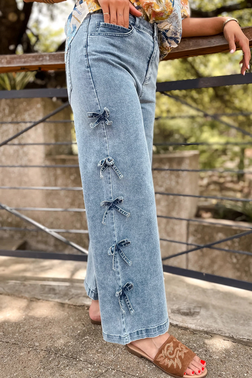 Light Blue Bow Knot Side Detail High Waist Straight Leg Jeans