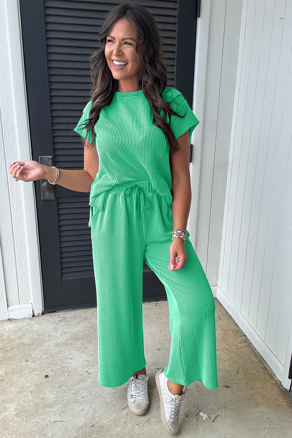 Corded Knit Short-Sleeve Tee & Wide-Leg Pants Set | Bright Green
