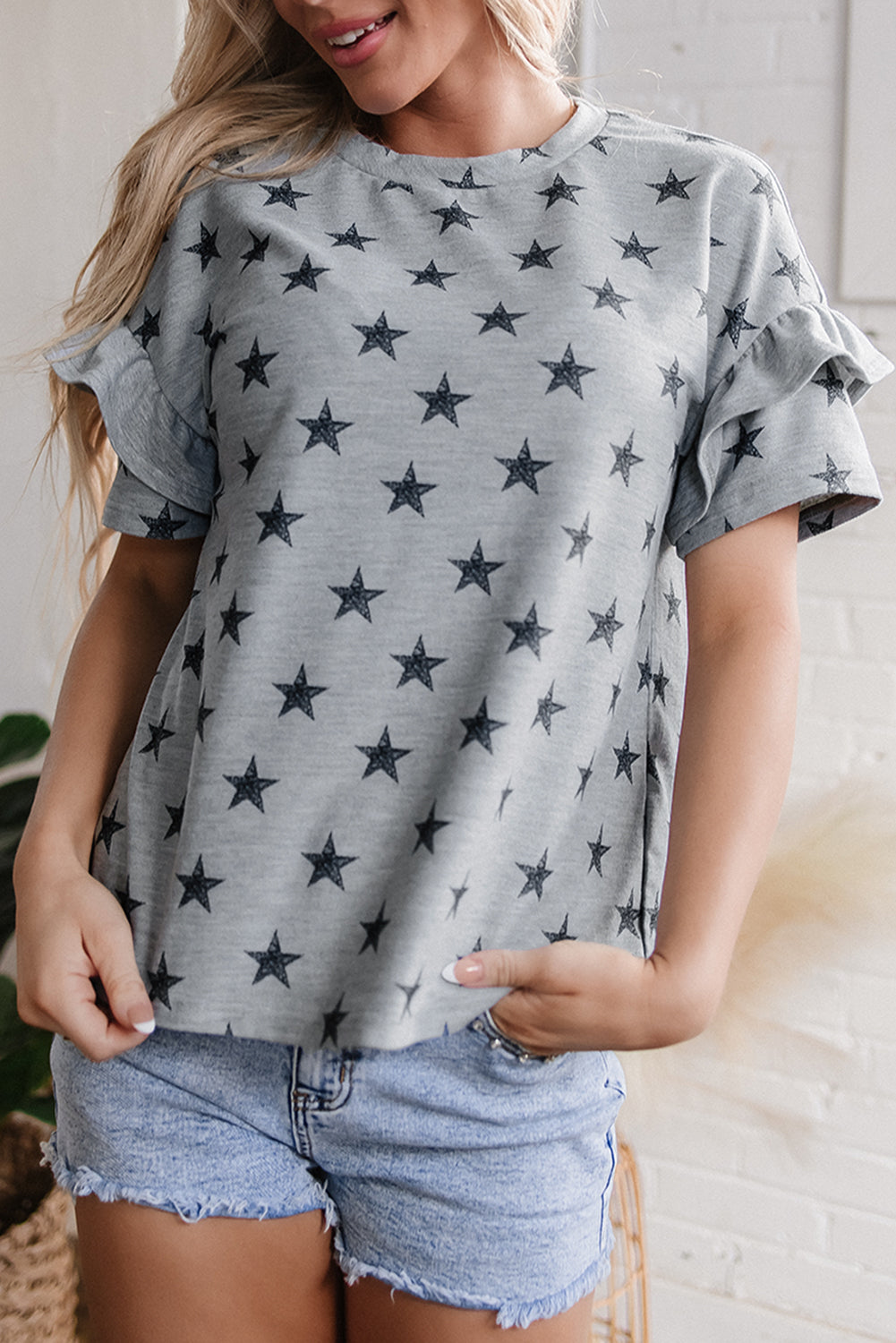 Star Print Tiered Ruffled Sleeve Crew Neck Top – Women's Whimsical Casual Tee (S–XL)