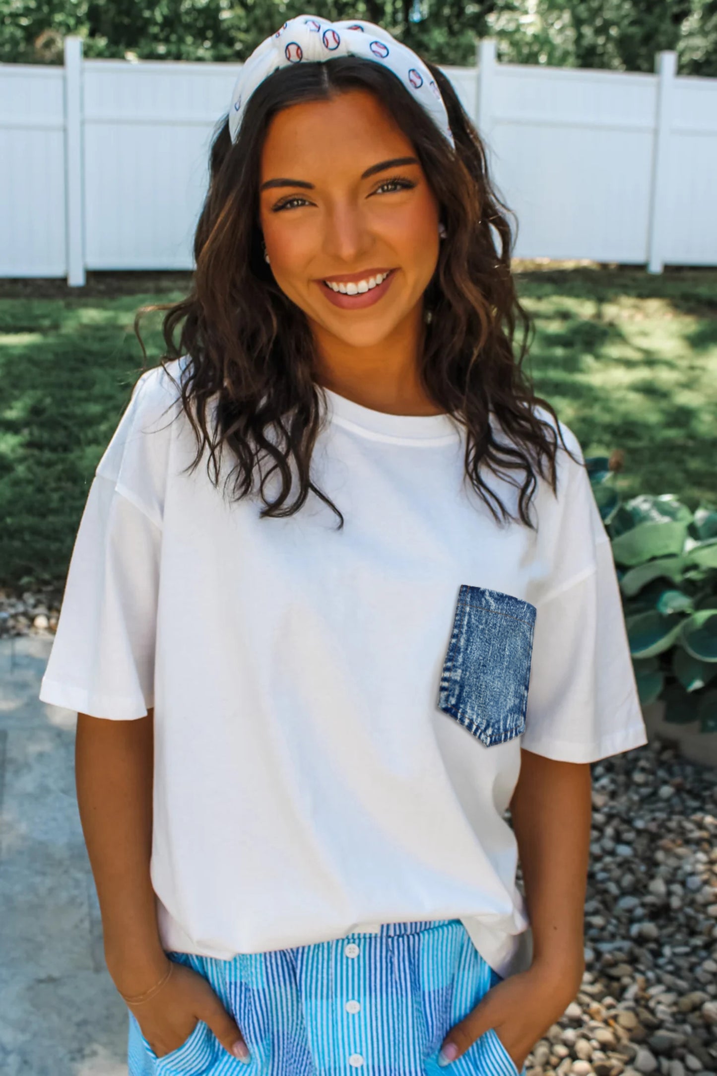 Color Block Short-Sleeve Top with Printed Patch Pocket | Sail Blue & White