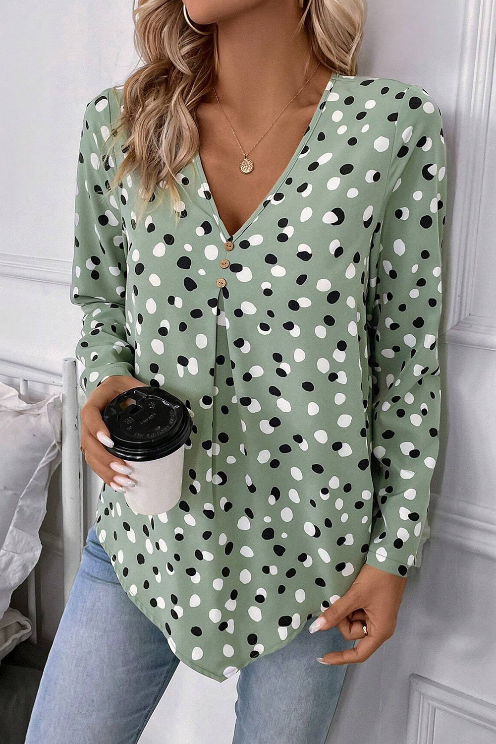 Polka Dot V-Neck Blouse – Sage & White Women S–XL