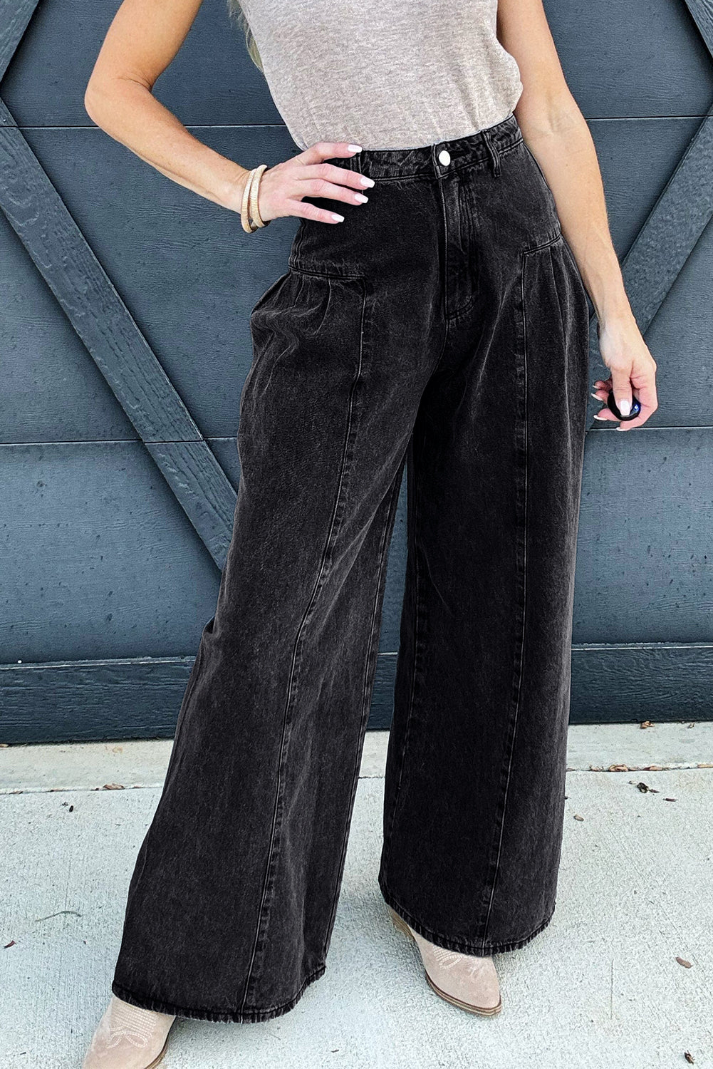 Pleated Wide Leg Mineral Wash Denim Pants | Dark Grey | US 6–16