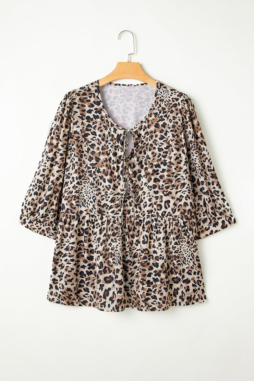 Leopard Print Peplum Lace-Up 3/4 Sleeve Blouse – Khaki Plus Size 1X–4X