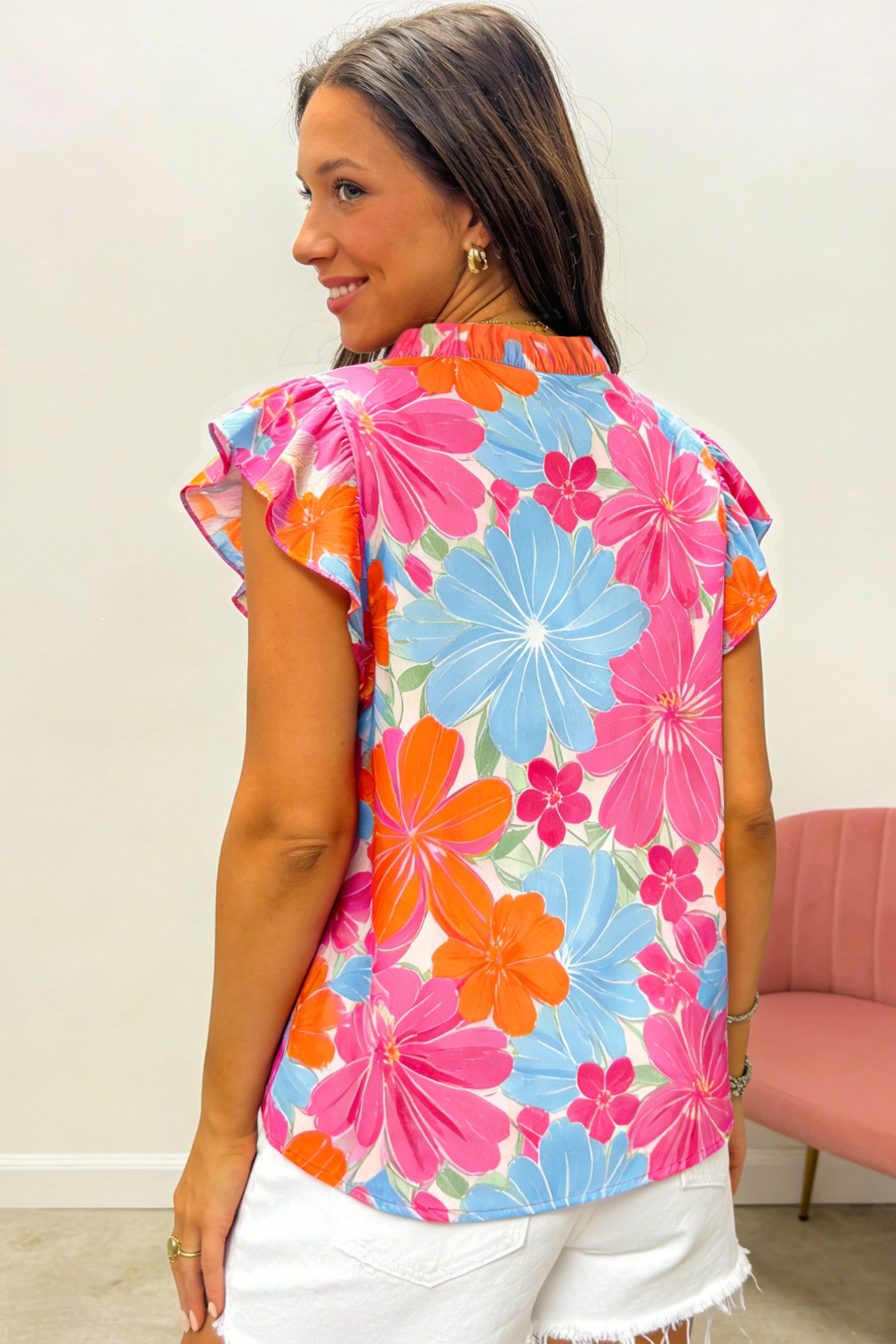 Floral Print Tie V-Neck Ruffle Trim Sleeveless Blouse