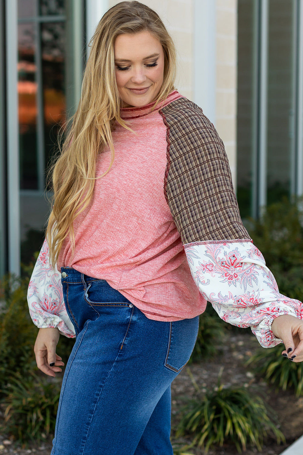 Paisley Patchwork Raglan Sleeve Ribbed Knit Top – Pink Plus Size 1X–4X
