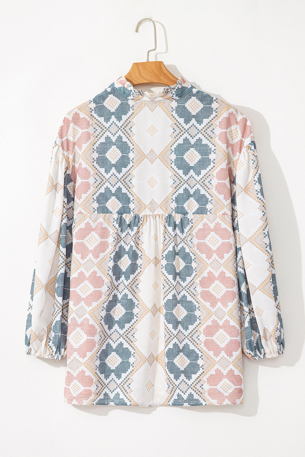 Khaki Aztec Geometric Print Tassel Tie Split Neck Balloon Sleeve Blouse – Women's Boho Western Statement Top (S–XL)
