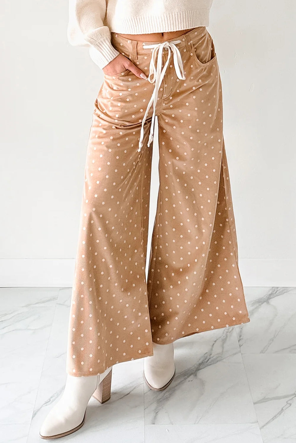 Cream Polka Dot Print Drawstring Wide Leg Pants