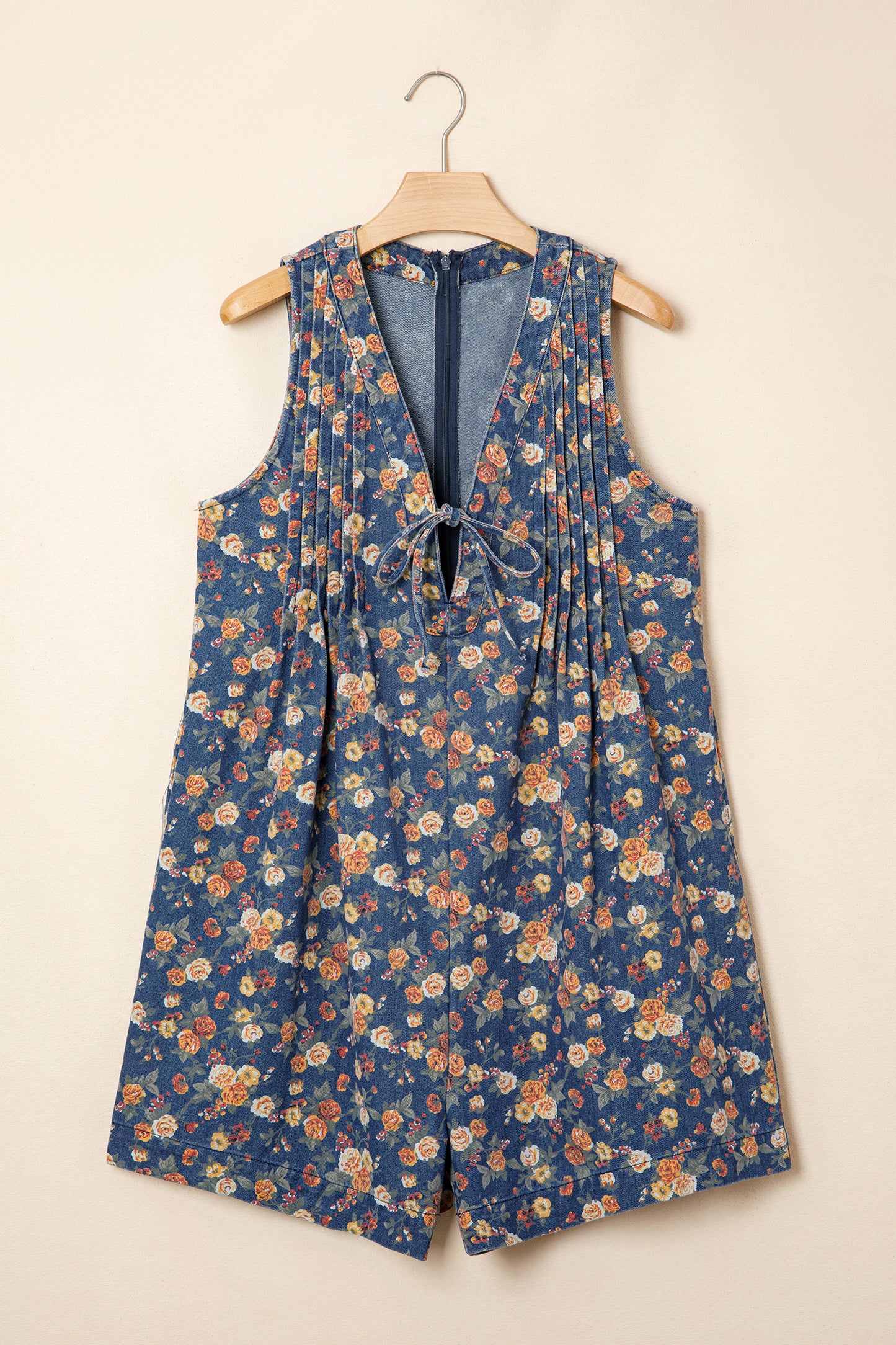 Floral Denim Romper with Bow Tie V-Neck – Women S–XL
