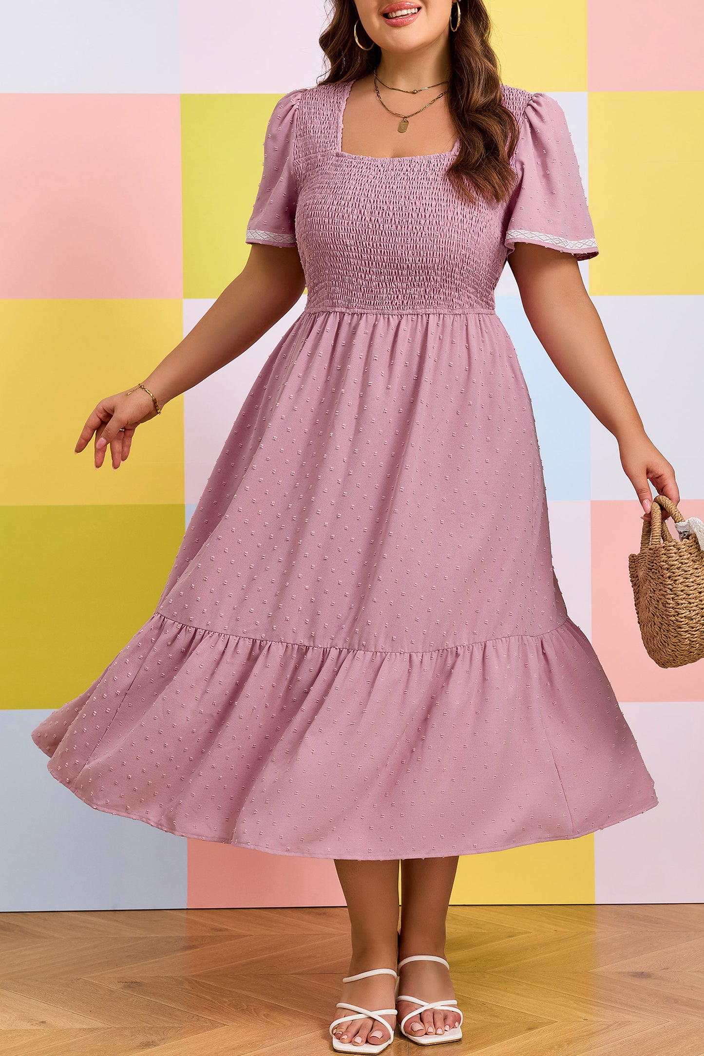 Plus Size Swiss Dot Smocked High Waist Flowy Midi Dress Pink 1X–4X