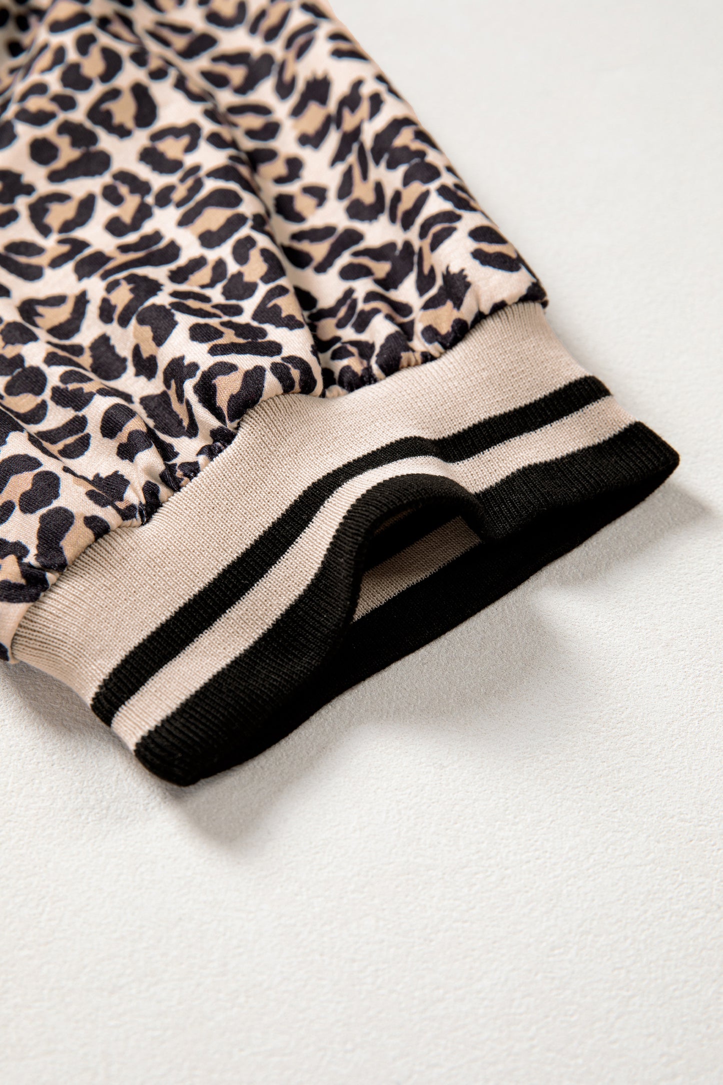 Leopard Print Half-Zip Striped Trim Patchwork Top in Brown