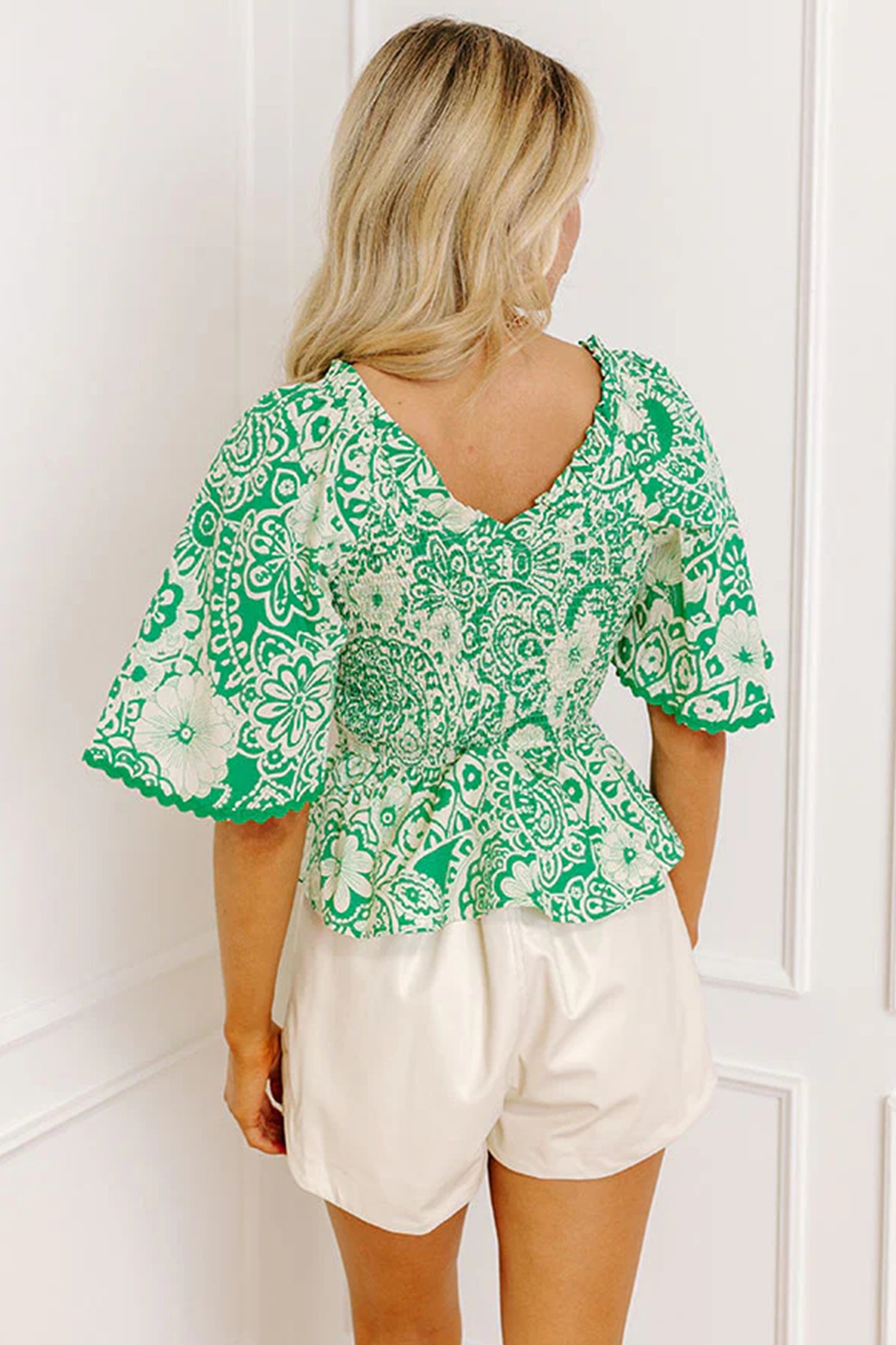 Abstract Print Ruffle V-Neck Blouse with Scalloped Hem | Green
