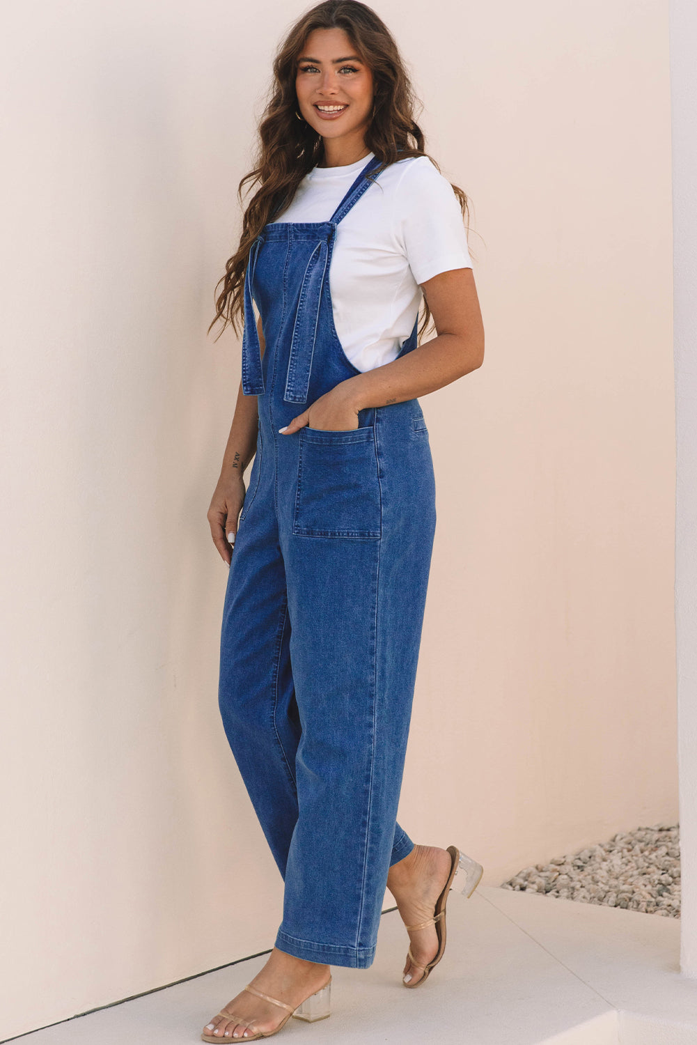 Dark Blue Mineral Wash Wide Leg Denim Overalls