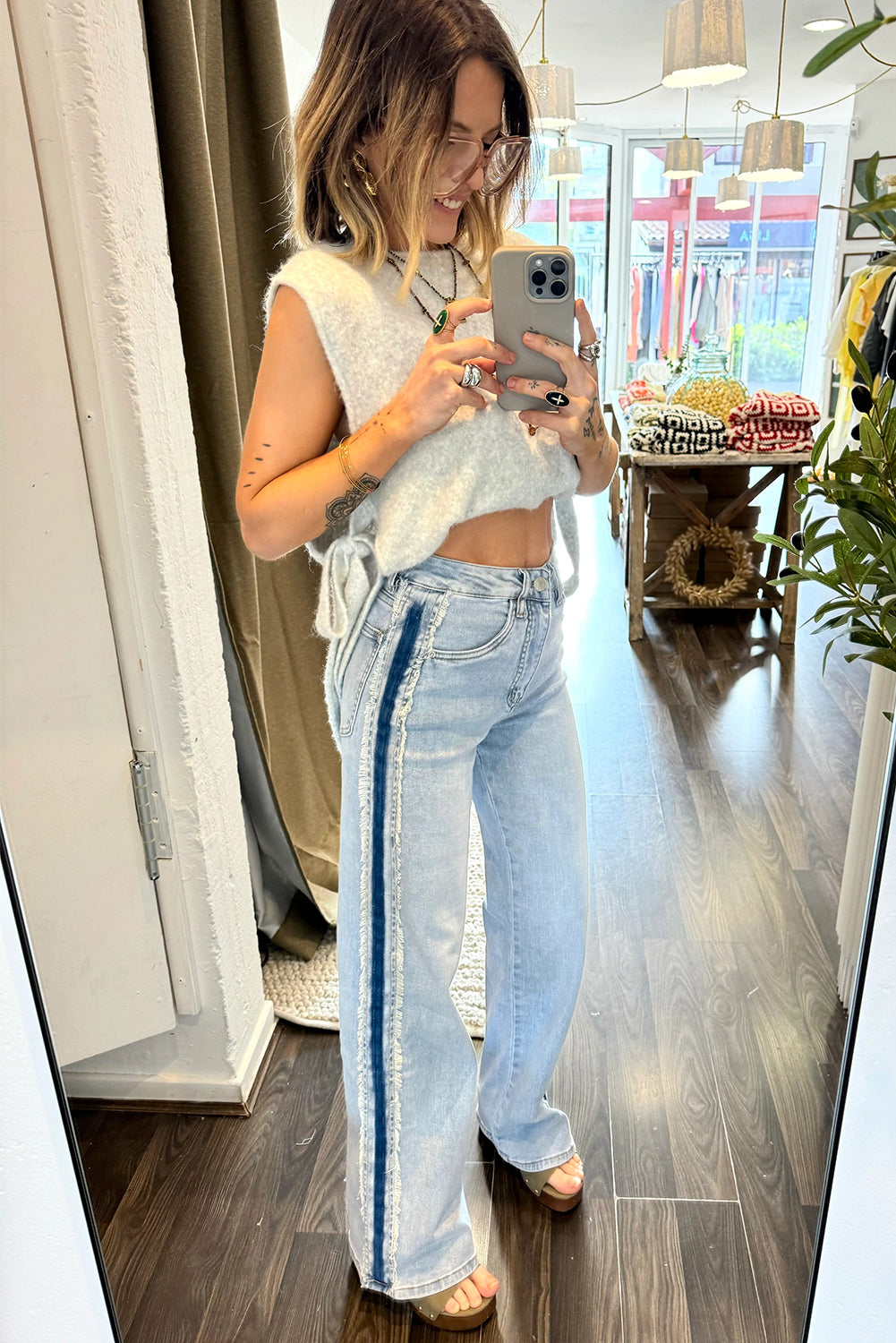 Blue Contrast Stripe Frayed Side Panel Patchwork Shift Jeans