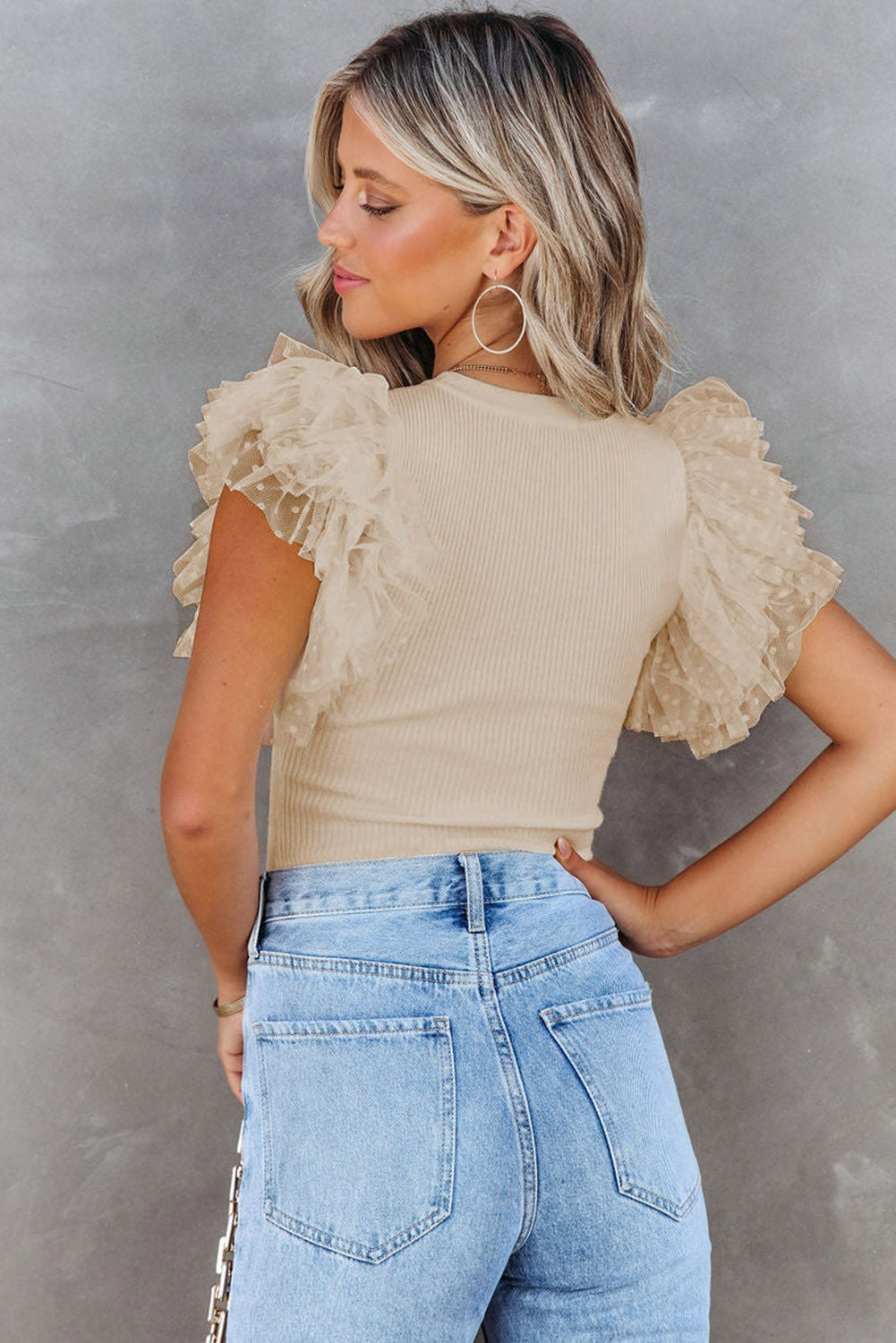 Beige Mesh Ruffle Sleeve Ribbed Knit Top